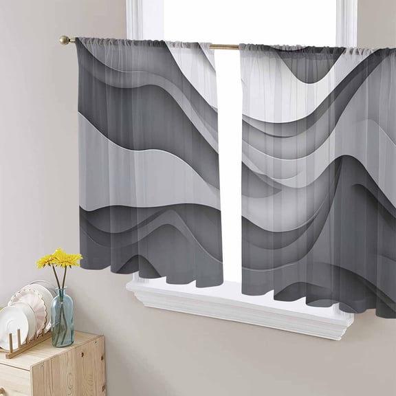 Black Grey Ombre Semi Sheer Window Curtains 45 Inches Long, Abstract Grey Wave Texture Gradient Rod Pocket Voile Silky Chiffon Curtain Treatment Drapes for Kitchen, Living Room, 52"x45", 2 Panels