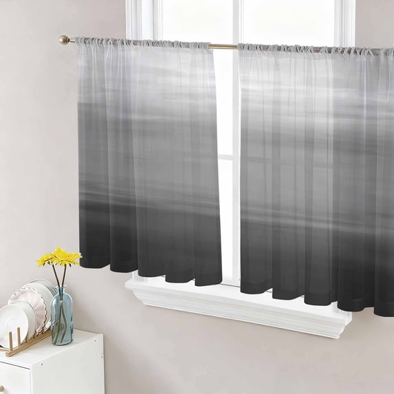 Black Grey Ombre Sheer Curtains 54 Inch Length 2 Panels Set, Modern Abstract Art Texture Voile Window Treatment Rod Pocket Short Kitchen Curtains Drapes for Bedroom 52"x54"x2