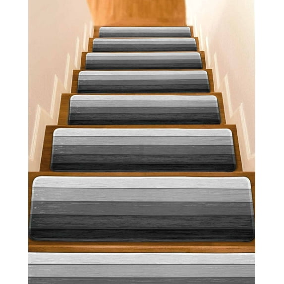 Black Grey Ombre Stair Treads for Wooden Steps Indoor Runner Rug Carpet, Farmhouse Vintage Wooden Striped 7 Pieces Peel and Stick Staircase Step Treads Covers Washable Throw Door Mats, 30"x8"