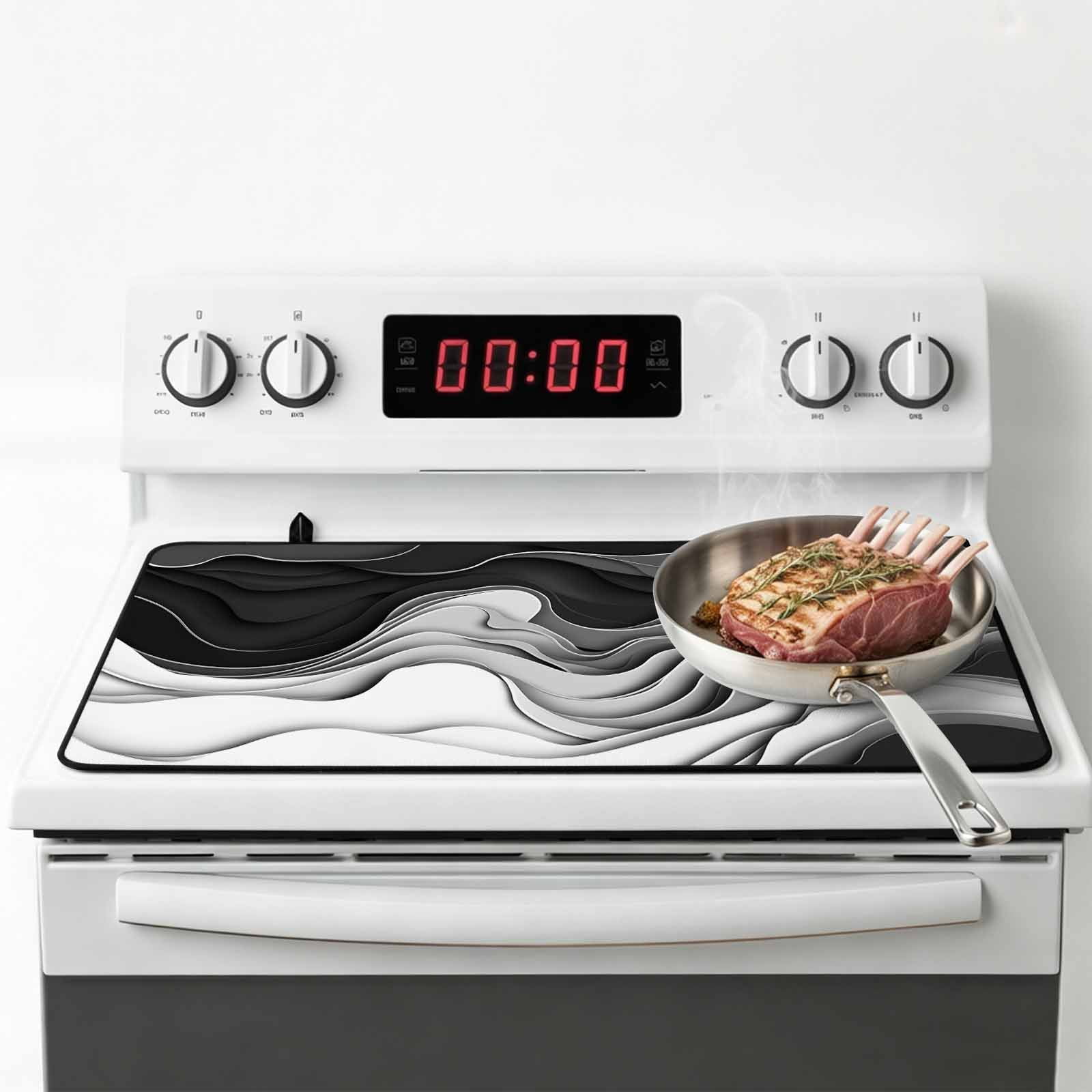 Black Grey Ombre Stove Top Cover for Electric Stove, Heat-proof & Non Slip Glass Top Stove Cover Protector, Abstract Modern Geometric Moire Art Kitchen Flat Cooktop Rubber Mat 31x24 Inches