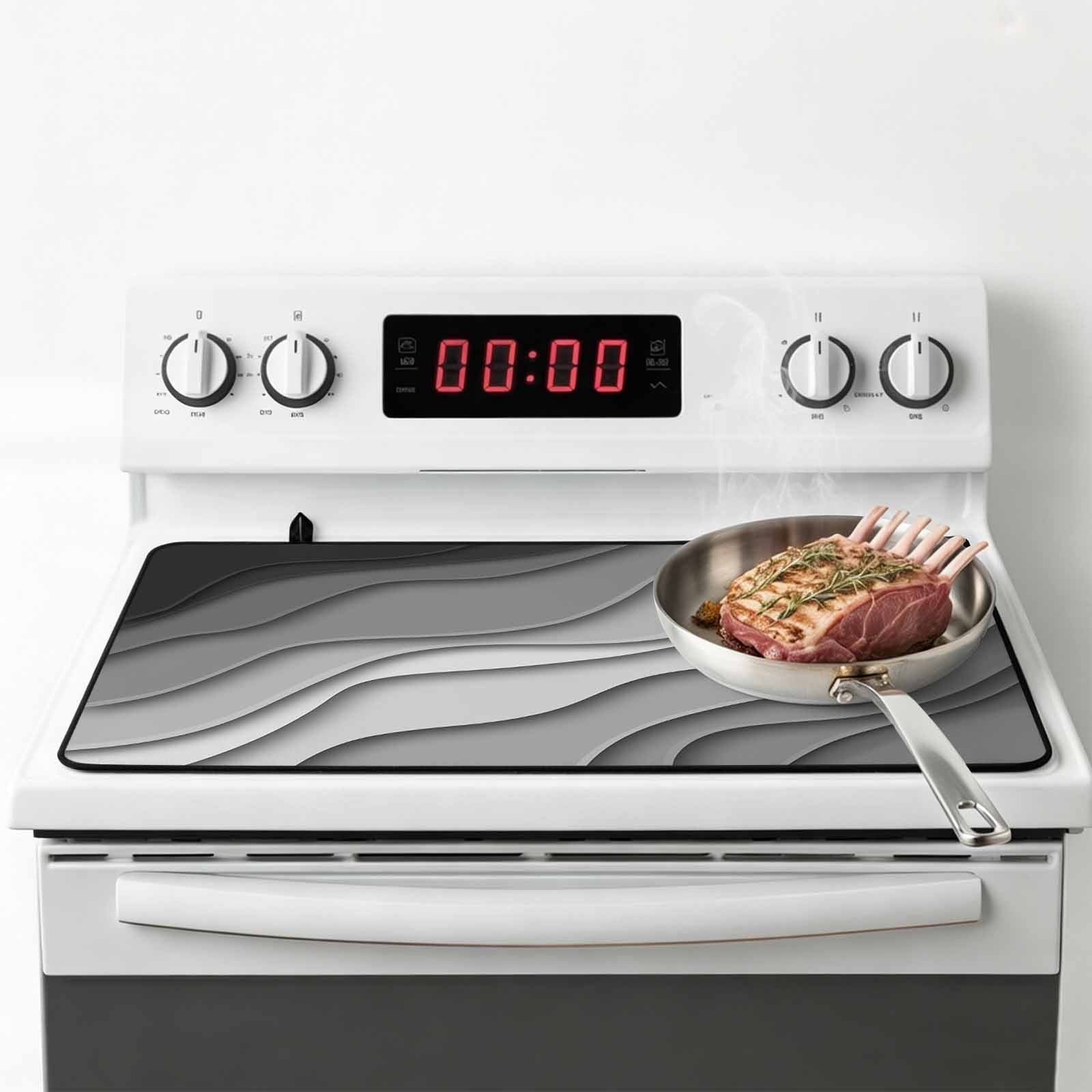 Black Grey Ombre Stove Top Cover for Electric Stove, Heat-proof & Non Slip Glass Top Stove Cover Protector, Modern Geometric Abstract Aesthetic Cream Kitchen Flat Cooktop Rubber Mat 24x21 Inches