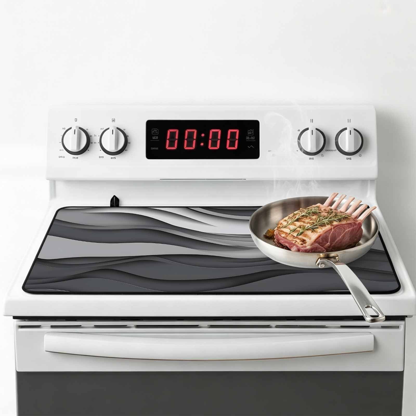 Black Grey Ombre Stove Top Cover for Electric Stove, Heat-proof & Non Slip Glass Top Stove Cover Protector, Modern Geometric Abstract Moire Art Kitchen Flat Cooktop Rubber Mat 24x21 Inches