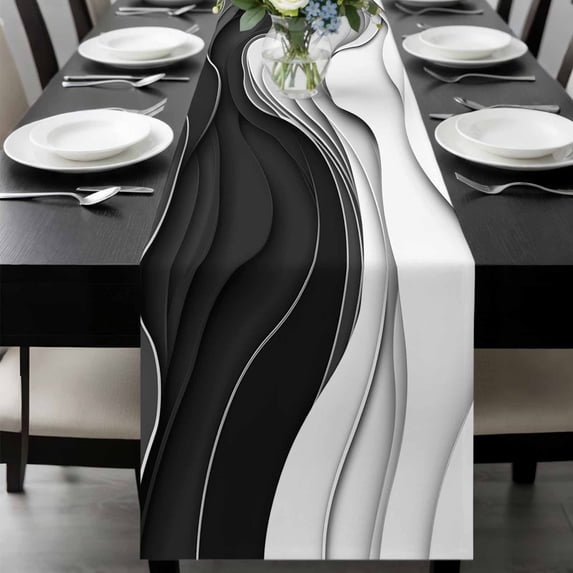 Black Grey Ombre Table Runner 90 Inches Long, Abstract Modern Geometric Moire Art Kitchen Coffee Dining Table Decoration for Home Party Birthday Wedding Home Decor 13x90 Inches