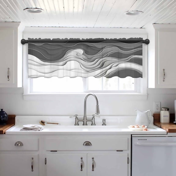 Black Grey Ombre Valance Curtains for Kitchen/Living Room/Bathroom/Bedroom Window, Abstract Modern Geometric Moire Art Rod Pocket Small Topper Half Short Window Curtains Voile Sheer Scarf 54"x18"