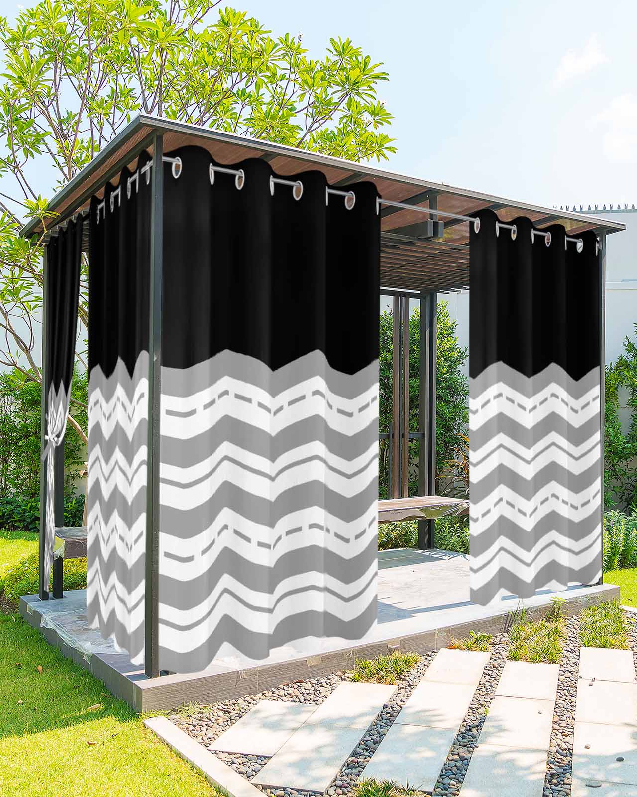 Black Grey Outdoor Curtains for Patio, Geometric Chevron Print Wavy Striped White Privacy Drapes Grommet Waterproof Outside Curtains for Porch/Cabana/Balcony 54"x 95", 2 Panel