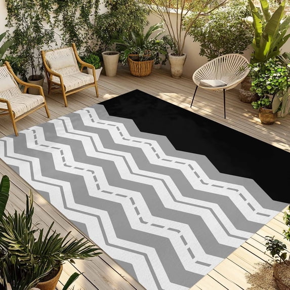 Black Grey Outdoor Rug 5x8 Ft - Reversible Patio Rug Outdoor Camping Rugs, Geometric Chevron Print Wavy Striped White Washable Indoor Outdoor Area Rugs, Non-Slip Outdoor Carpet Runner for Deck/Porch