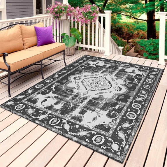 Black Grey Outdoor Rug for Patio/Deck/Porch, Non-Slip Large Area Rug 3 x 5 Ft, Boho Vintage Print Distressed Brick Patterns Indoor Outdoor Rugs Washable Area Rugs, Camping Rug Carpet Runner