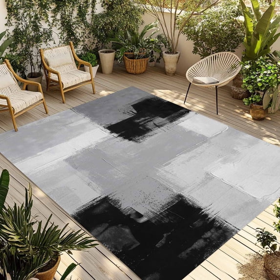 Black Grey Outdoor Rug for Patio/Deck/Porch, Non-Slip Large Area Rug 6 x 9 Ft, Abstract Geometric Color Block Oil Painting Indoor Outdoor Rugs Washable Area Rugs, Reversible Camping Rug Carpet Runner