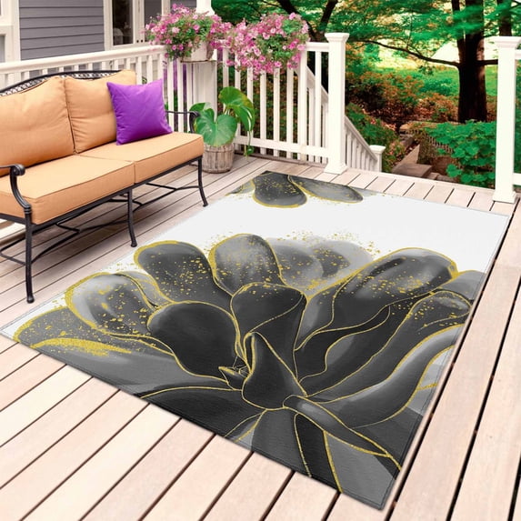 Black Grey Outdoor Rug for Patio/Deck/Porch, Non-Slip Large Area Rug 6 x 9 Ft, Vintage Gold Ink Floral Chinese Painting Indoor Outdoor Rugs Washable Area Rugs, Reversible Camping Rug Carpet Runner