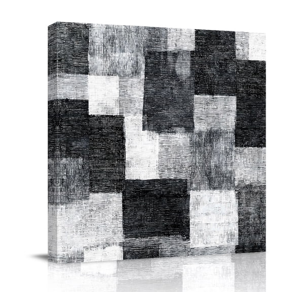 Black Grey Patchwork Canvas Wall Art for Living Room, Modern Abstract Black Grey White Patchwork Poster Print Painting for Bedroom Office Home Decoration Wall Pictures Prepare To Hang 8"x8"
