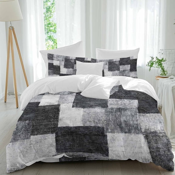 Black Grey Patchwork Queen Duvet Cover Set, Modern Abstract Black Grey White Patchwork 4 Piece Microfiber Bedding Set with Zipper Closure, Bed Sheet and 2 Pillow Shams, Soft Bedding Cover
