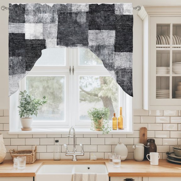 Black Grey Patchwork Swag Curtain Valance for Windows, Modern Abstract Black Grey White Patchwork Swag Curtains Drapes Rod Pocket for Kitchen Bathroom Small Window, 1 Panel 56x36in