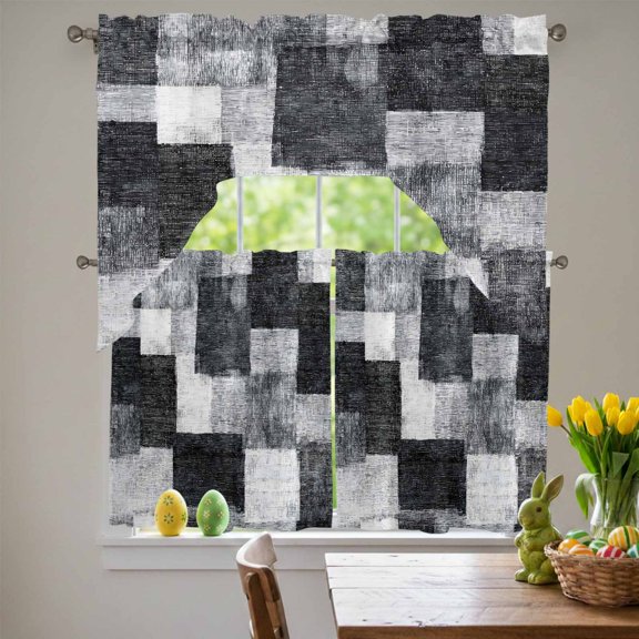 Black Grey Patchwork Swag Curtains Valance & Tier Set, Modern Abstract Black Grey White Patchwork 3 Pcs Set Kitchen Swag Valances and Tiers 36 Inch Length Rod Pocket Curtain Drapes for Bedroom