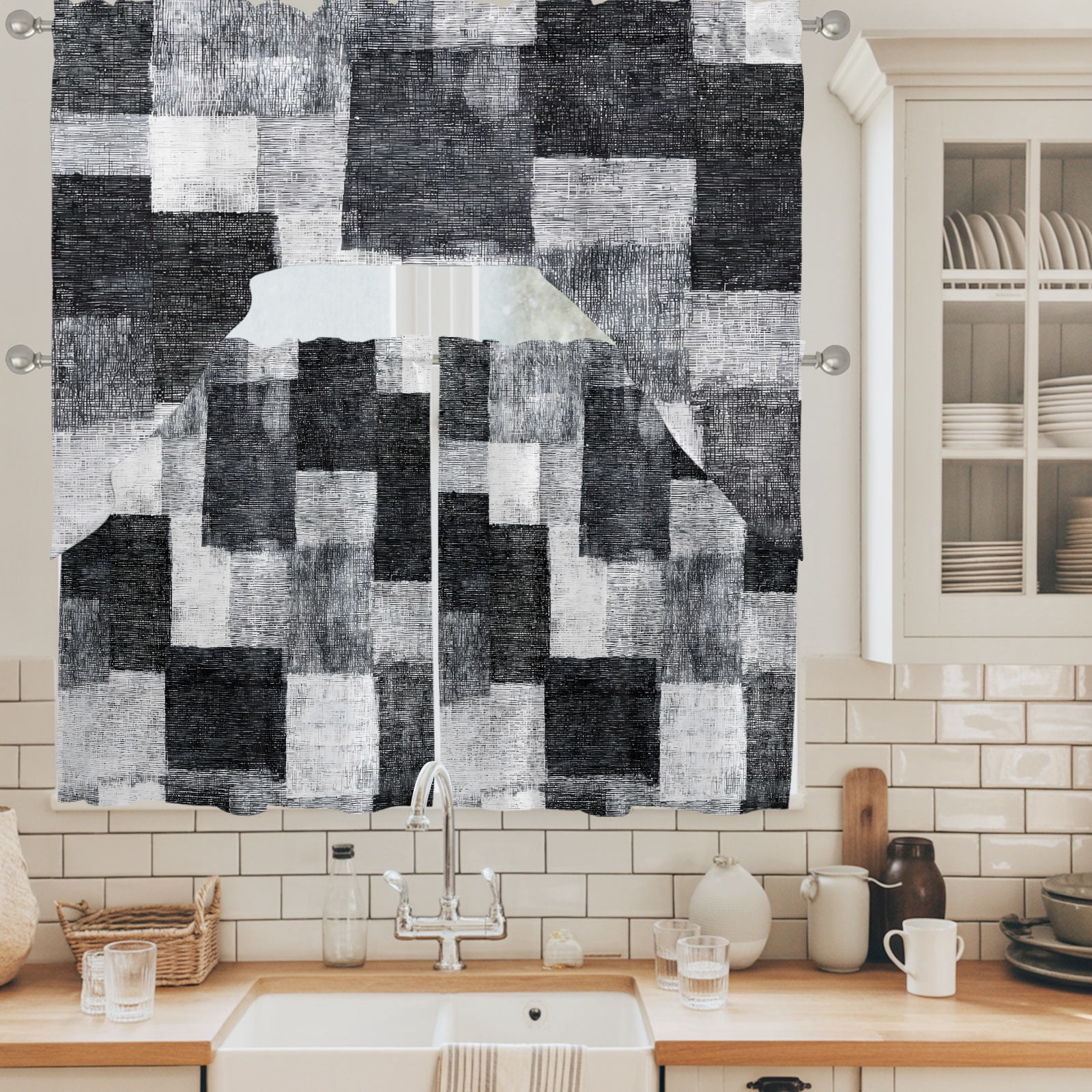 Patchwork Swags Black Grey Patchwork Swag Curtains Valance and Tier Set, Modern ...