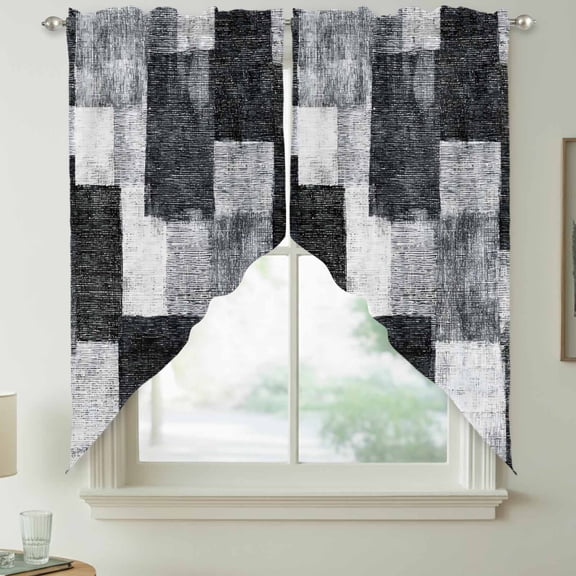 Black Grey Patchwork Swag Kitchen Curtain Valances, Modern Abstract Black Grey White Patchwork Rod Pocket Curtains Window Treatment Decor Valances for Bedroom Bathroom, 2 Panels 36 x 36 Inch
