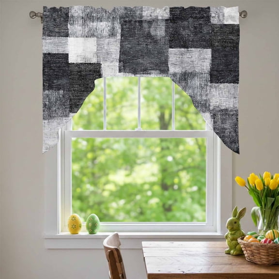Black Grey Patchwork Swag Valances for Kitchen Window, Modern Abstract Black Grey White Patchwork Small Swag Valances Rod Pocket Curtain Drapes Window Treatment for Bedroom Bathroom, 56x36 Inch