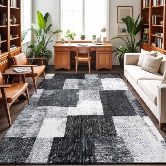 Black Grey Patchwork Washable Area Rug 9 x 12 ft Modern Abstract Black Grey White Patchwork, Soft Non Slip Rugs Stain Repellent Indoor Felt Carpet for Living Dining Room Bedroom Home Office