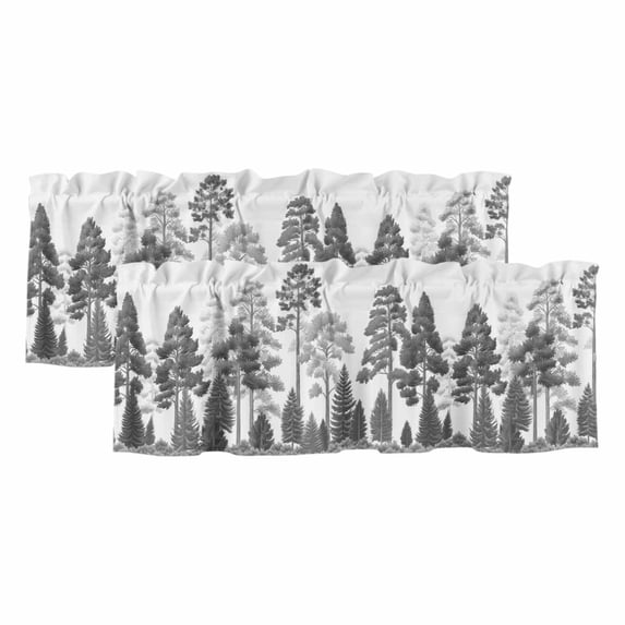 Black Grey Pine Tree Curtain Valances for Windows, Kitchen Valance Window Treatments Panel 2 Pack, Spring Botanical Watercolor Rod Pocket Short Curtains for Bathroom Bedroom 42 x 18 Inch
