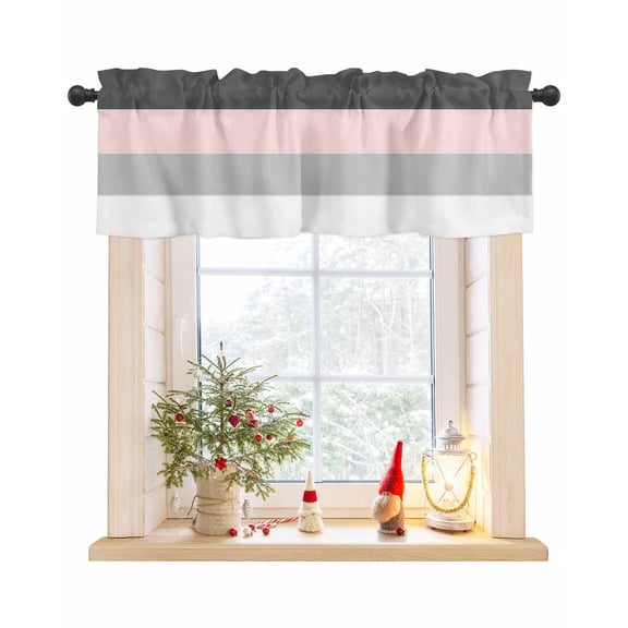 Black Grey Pink Striped Curtain Valance for Windows/Living Room/Kitchen/Bathroom/Café, Short Rod Pocket Tier Curtain Window Treatment Panel Geometric Horizontal Simple Lines Topper Curtain 42''x12''