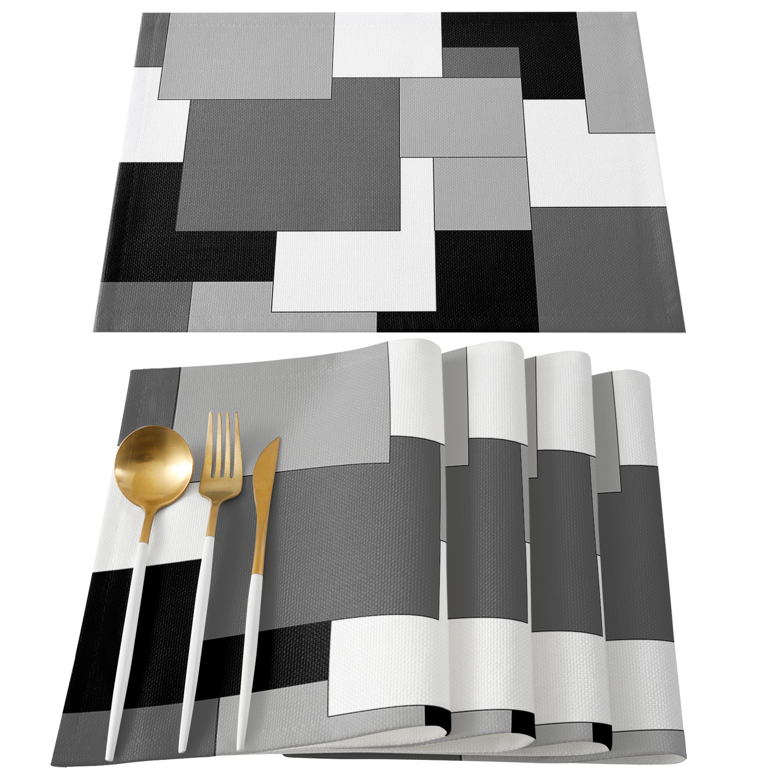 Black Grey Placemats Set of 4, Middle Century Irregular Geo Abstract Art Placemats for Dining Table, Place Mats for Kitchen Tabletop, Waterproof Wipeable Dining Table Mats Set