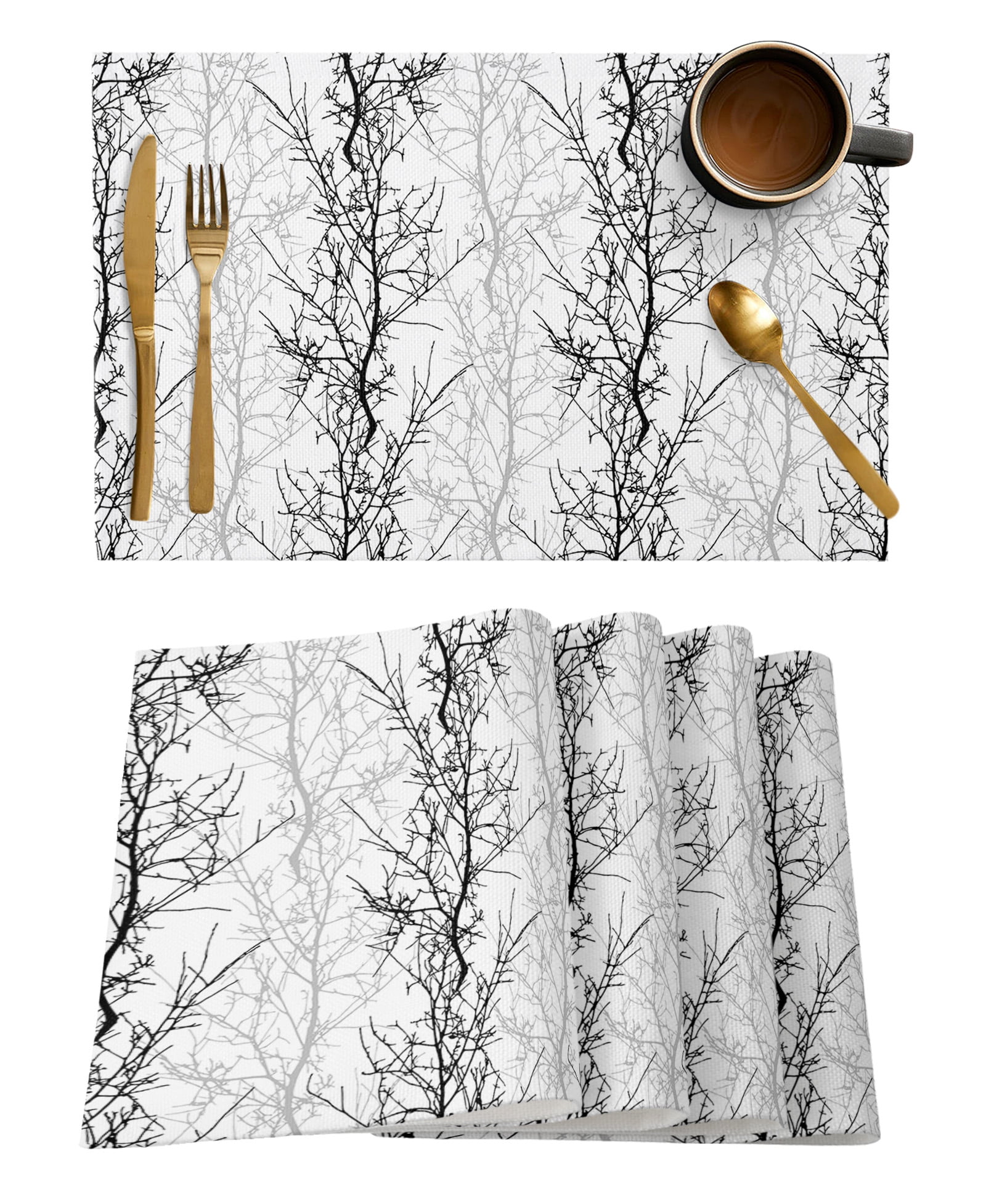 Black Grey Placemats Set of 4, Pastoral Botanical Branch Aesthetics ...