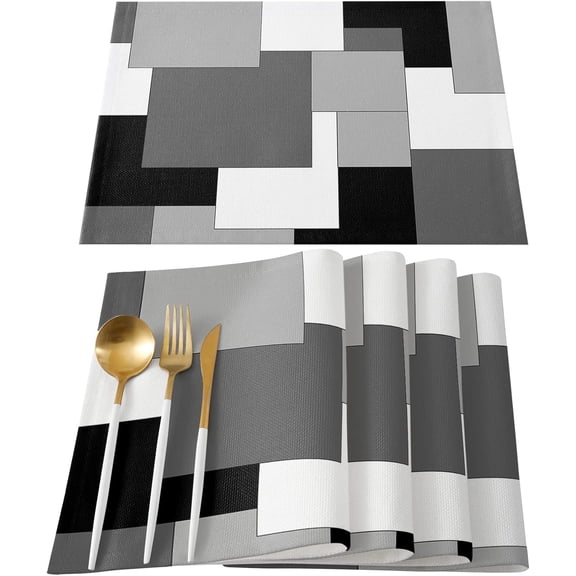 Black and Grey Placemats Set of 6,Heat Insulation Table Mats Non Slip Washable Dining Placemats, Modern Art Abstract Table Place Mats for Wedding Holiday Party Kitchen Decor 12x18 in