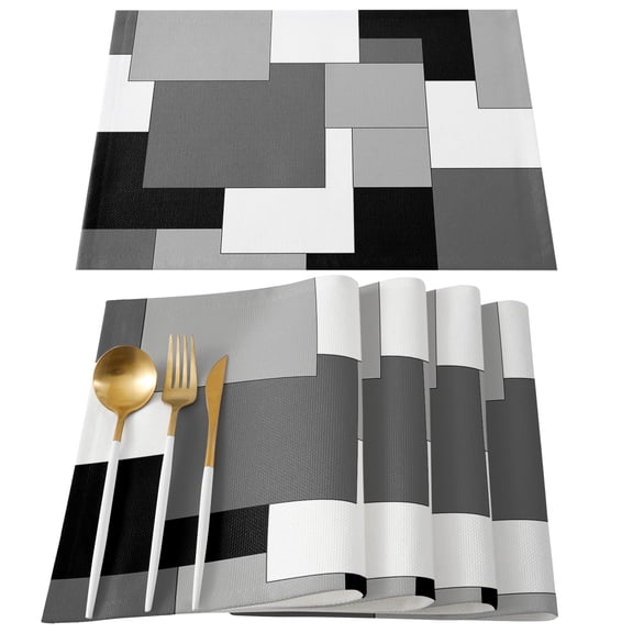 Black Grey Placemats Set of 6, Middle Century Irregular Geo Abstract Art Placemats for Dining Table, Place Mats for Kitchen Tabletop, Waterproof Wipeable Dining Table Mats Set
