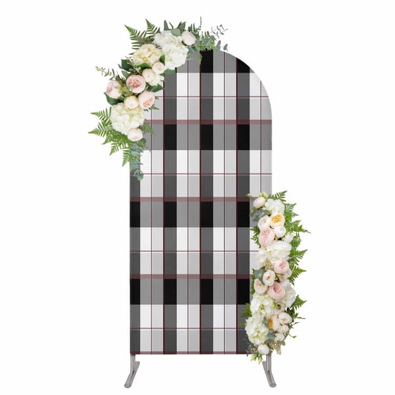 Black Grey Plaid Arch Backdrop Cover 5FT, Modern Abstract Ombre Gingham Checkered Spandex Fitted Stretchy Arch Stand Covers, Round Top Chiara Backdrop Cover for Wedding Party Birthday Baby Shower