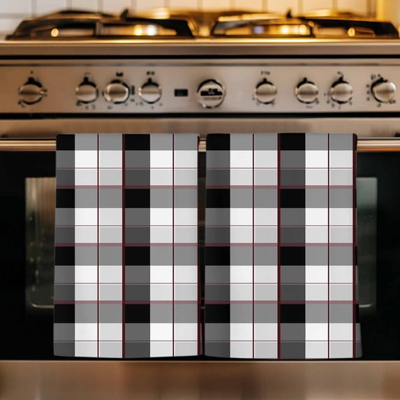 Black Grey Plaid Kitchen Towels Set of 1, Modern Abstract Ombre Gingham Checkered Absorbent Dish Towels for Kitchen, Microfiber Hand Towel, Quick Drying Tea Towel for Cleaning Decorative Dishcloths