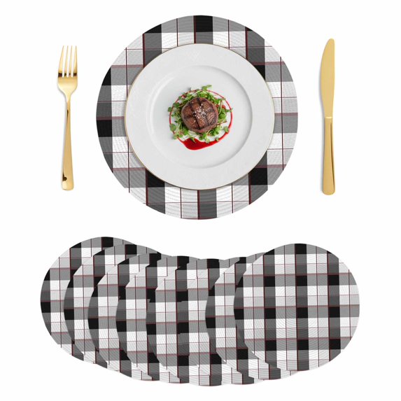 Black Grey Plaid Round 15 Inch Placemats Set of 8, Modern Abstract Ombre Gingham Checkered HeatResistant Non Slip Place Mats for Dining Table, Wipeable Braided Kitchen Table Mats for Housewarming