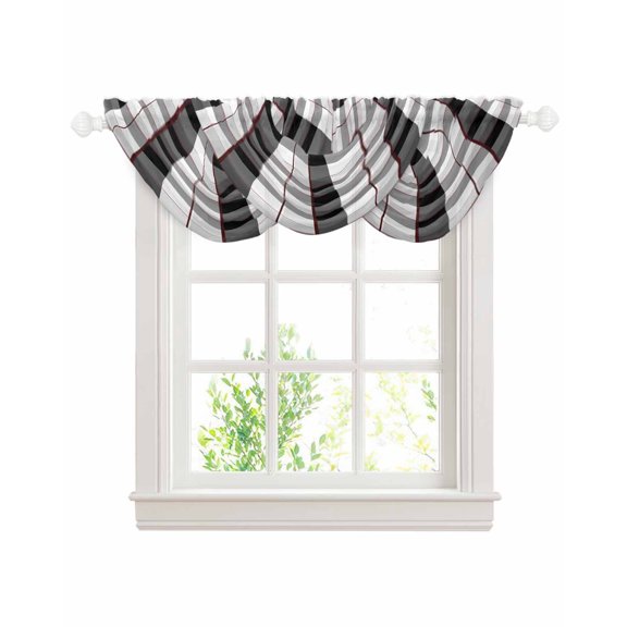 Black Grey Plaid Sheer Waterfall Valance Curtains for Window, Modern Abstract Ombre Gingham Checkered Rod Pocket Sheer Topper Swag Curtains for Living Room, Kitchen 38.5"W x 47.2"L, 3 Panels