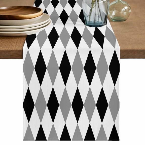 Black Grey Plaid Table Runner 36 Inches, Modern Geometric Minimalist Checkered Bed Runner Dresser Scarves Tabletop for Indoor Outdoor Parties/Ceremony/Banquet, 13"x 36"