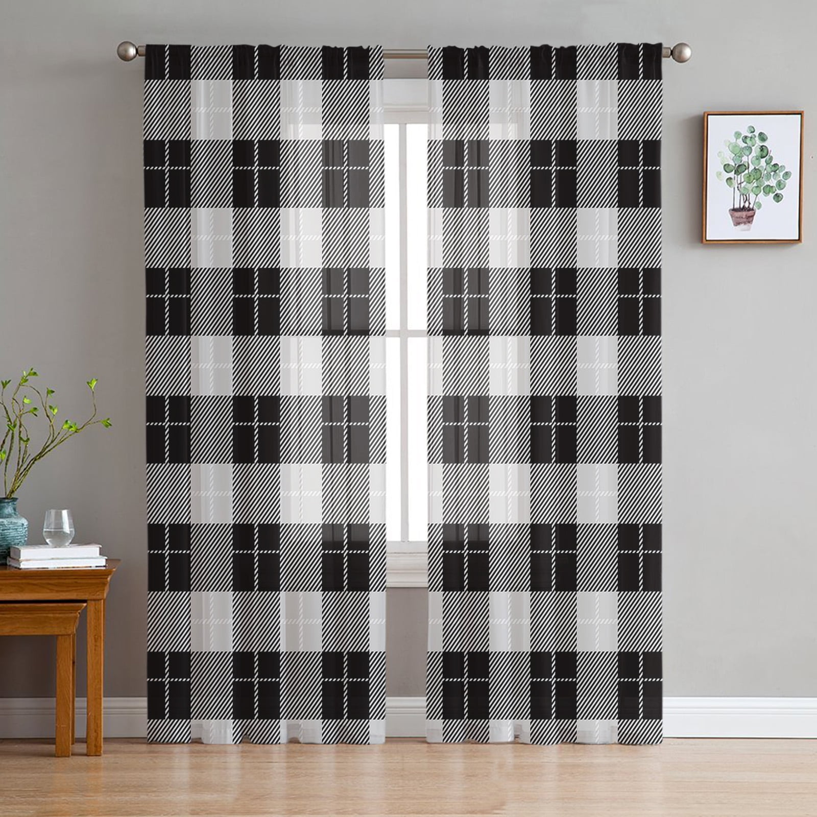 Black Grey Plaid Tulle Curtains for Living Room Bedroom Modern Chiffon