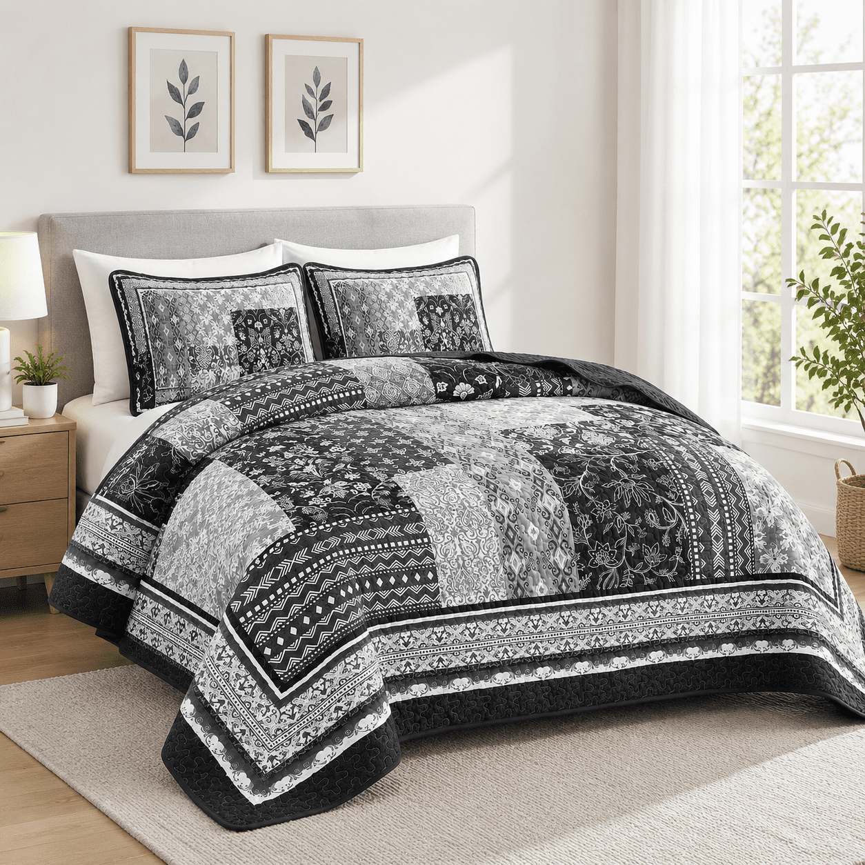 Black Grey Queen Boho Patchwork Microfiber Quilt Bedspread Set ...