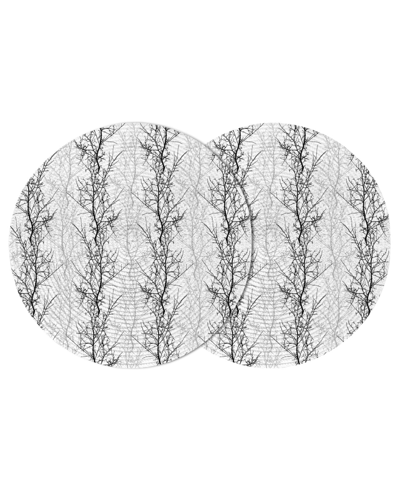 Black Grey Round 13 Inch Placemats Set of 2, Pastoral Botanical Branch ...