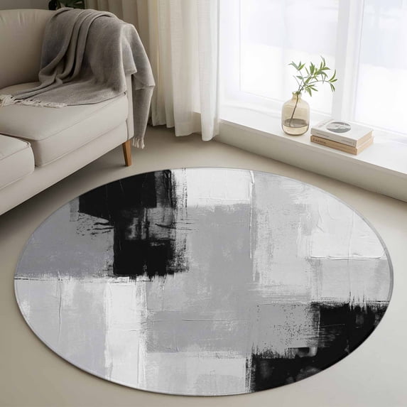 Black Grey Round Area Rug 4Ft Washable Circle Rugs for Bedroom Dining Room, Abstract Geometric Color Block Oil Painting Non-Slip Carpet Floor Mats Indoor Outdoor Carpet Runner Aesthetic Home Decor