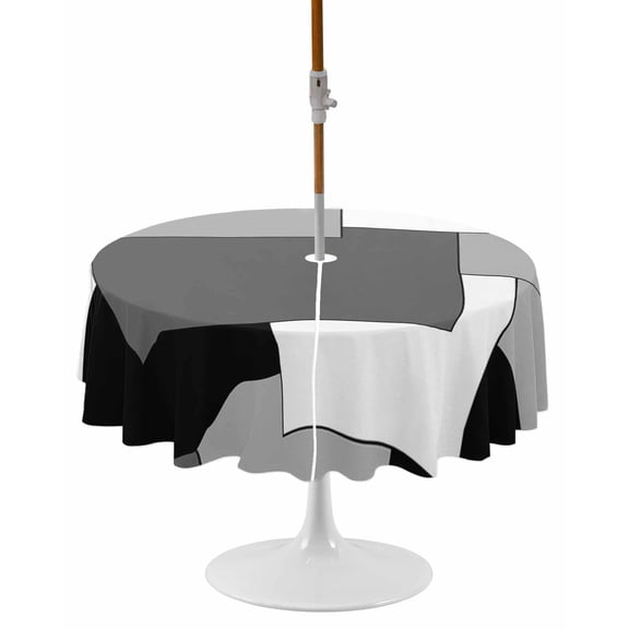 Black Grey Round Outdoor Tablecloth, Waterproof Table Cloth Cover with Umbrella Hole and Zipper, Middle Century Irregular Geo Abstract Art Table Protector for Patio Party Picnic 54" Round
