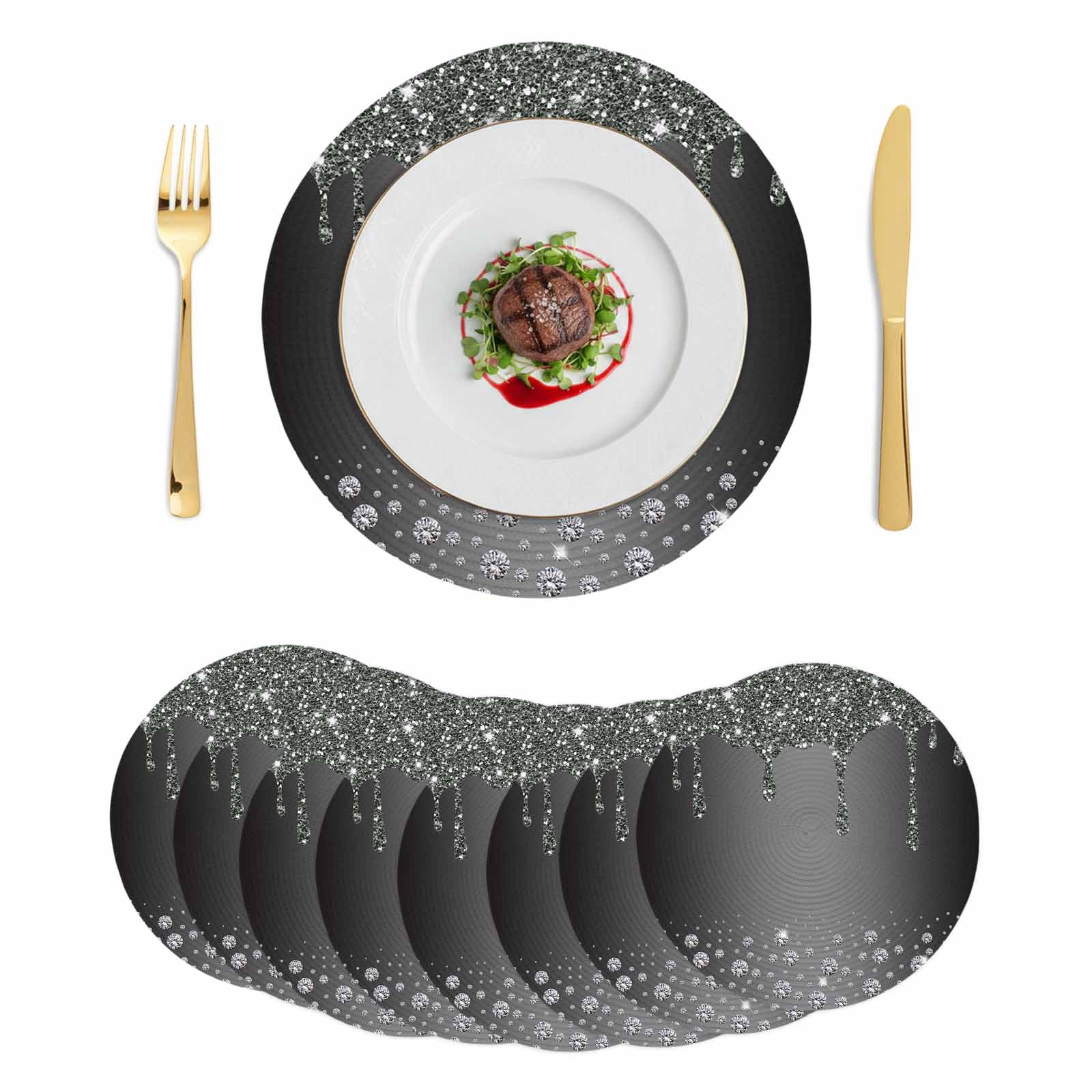 Black Grey Round Placemats Set of 8 Modern Abstract Diamond Luxury ...