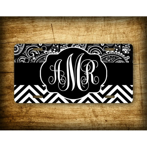 Black Grey Scale Monogram License Plate Personalized Paisley Monogrammed Tag - Aluminum ( 12 inch x 6 inch )