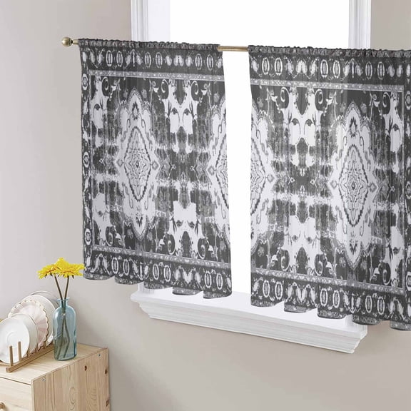 Black Grey Semi Sheer Curtains 45 Inch Length 2 Panels Set, Boho Vintage Print Distressed Brick Patterns Sheer Kitchen Curtain Privacy Voile Window Curtain for Living Room Bedroom Rod Pocket Drapes