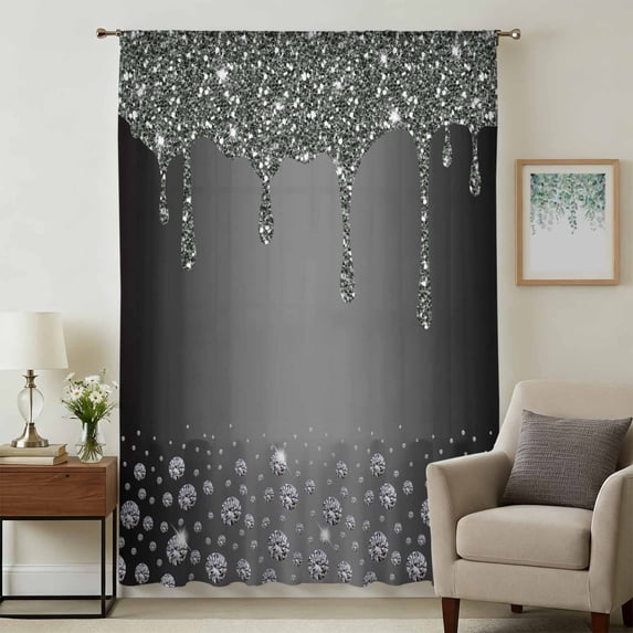 Black Grey Sheer Curtains 96 Inches Long, Modern Abstract Diamond Luxury Gradient Light Filering Curtains, Privacy Drapes Simi Floor to Veiling Curtain for Living Room Bedroom Large Window Treatment