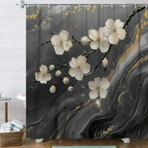 Black Grey Shower Curtain, Abstract Black Grey Marble 3D Floral Modern Luxury Shower Curtain Set for Bathroom, Waterproof Fabric Marble Bath Curtains with Hooks,72X72IN