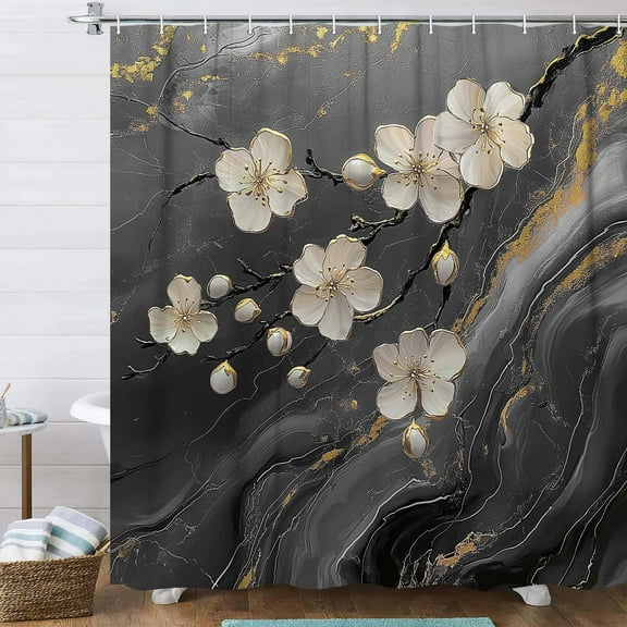 Black Grey Shower Curtain, Abstract Black Grey Marble 3D Floral Modern Luxury Shower Curtain Set for Bathroom, Waterproof Fabric Marble Bath Curtains with Hooks,72X72IN