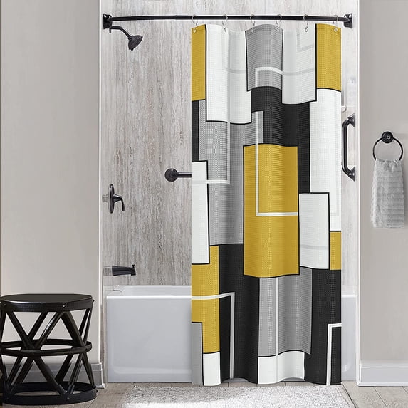 Black and Grey Shower Curtain Set with 12 Metal Hooks, Black Geometric Shower Curtain Modern Black White Silver Shower Curtains for Mens Bathroom, Decorative Bath Curtain, Water Repellent 72x72