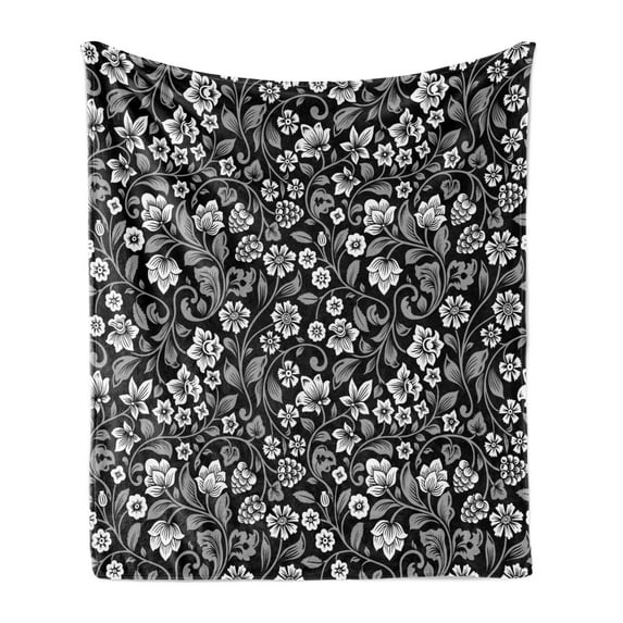 Black and Grey Soft Flannel Fleece Throw Blanket, Continuous Floral Pattern with Berries and Leaves, Cozy Plush for Indoor and Outdoor Use, 60" x 80", Taupe Taupe Grey, by Ambesonne