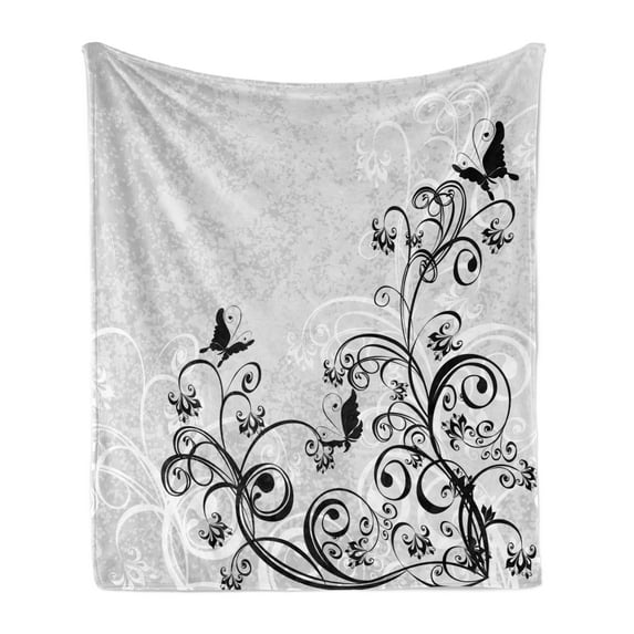 Black and Grey Soft Flannel Fleece Throw Blanket, Grunge Illustration of Butterflies and Floral Details, Cozy Plush for Indoor and Outdoor Use, 50" x 60", Charcoal Grey Pale Taupe, by Ambesonne
