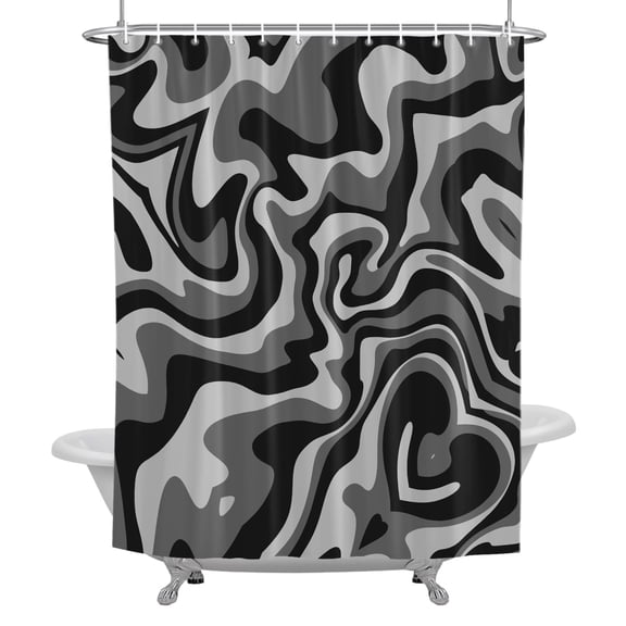 Black Grey Spiral Swirl Shower Curtain, Liquid Art Abstract Lines Waterproof Fabric Bathroom Shower Curtains Set with Hooks, 72 X 72 Inch Long