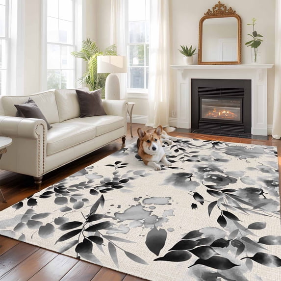 Black Grey Spring Floral Area Rug 5x8 FT, Non Slip Bedroom Throw Carpet, Summer Botanical Watercolor Rustic Washable Soft Floor Carpet Non-Shedding Rug for Living Room Nursery Dorm Office