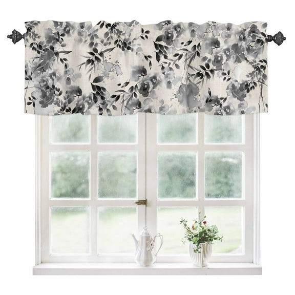Black Grey Spring Floral Kitchen Valances for Windows 60x18 Inch Kitchen Curtains Valances Rod Pocket Summer Botanical Watercolor Rustic Bathroom Window Valances for Window Treatment Decor
