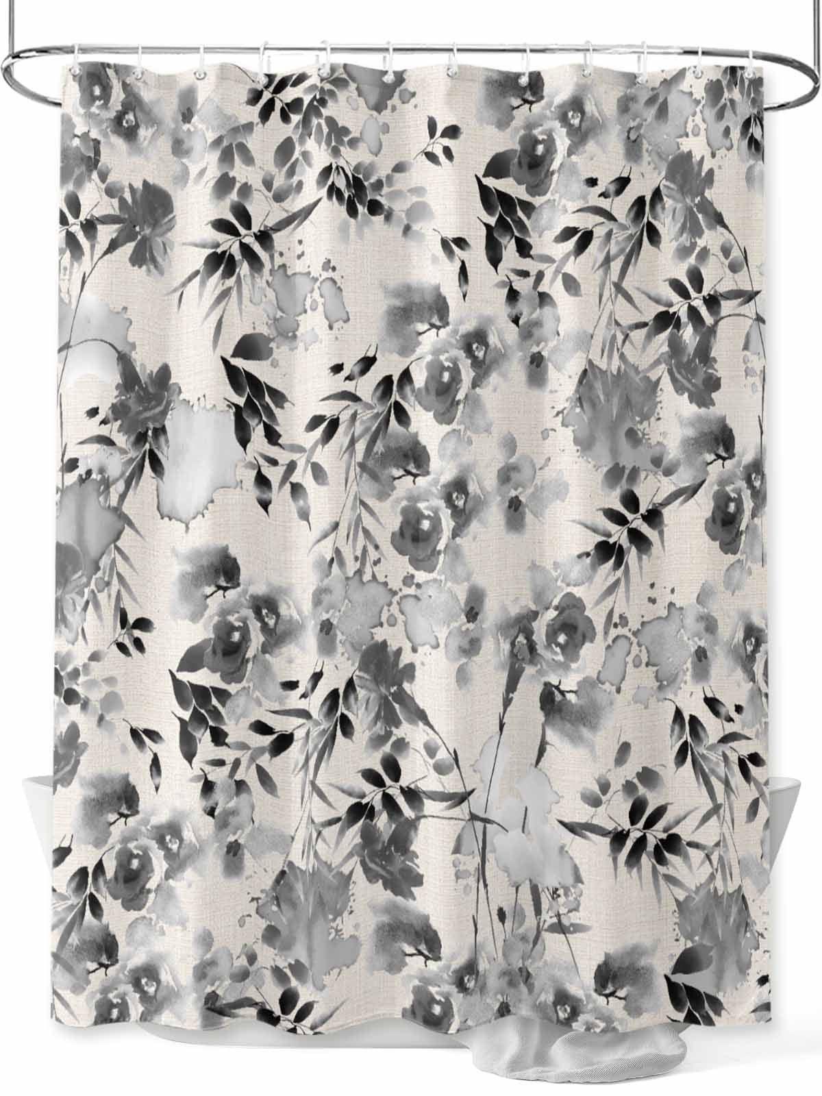 Black Grey Spring Floral Shower Curtain Set, Waterproof Shower Curtains ...